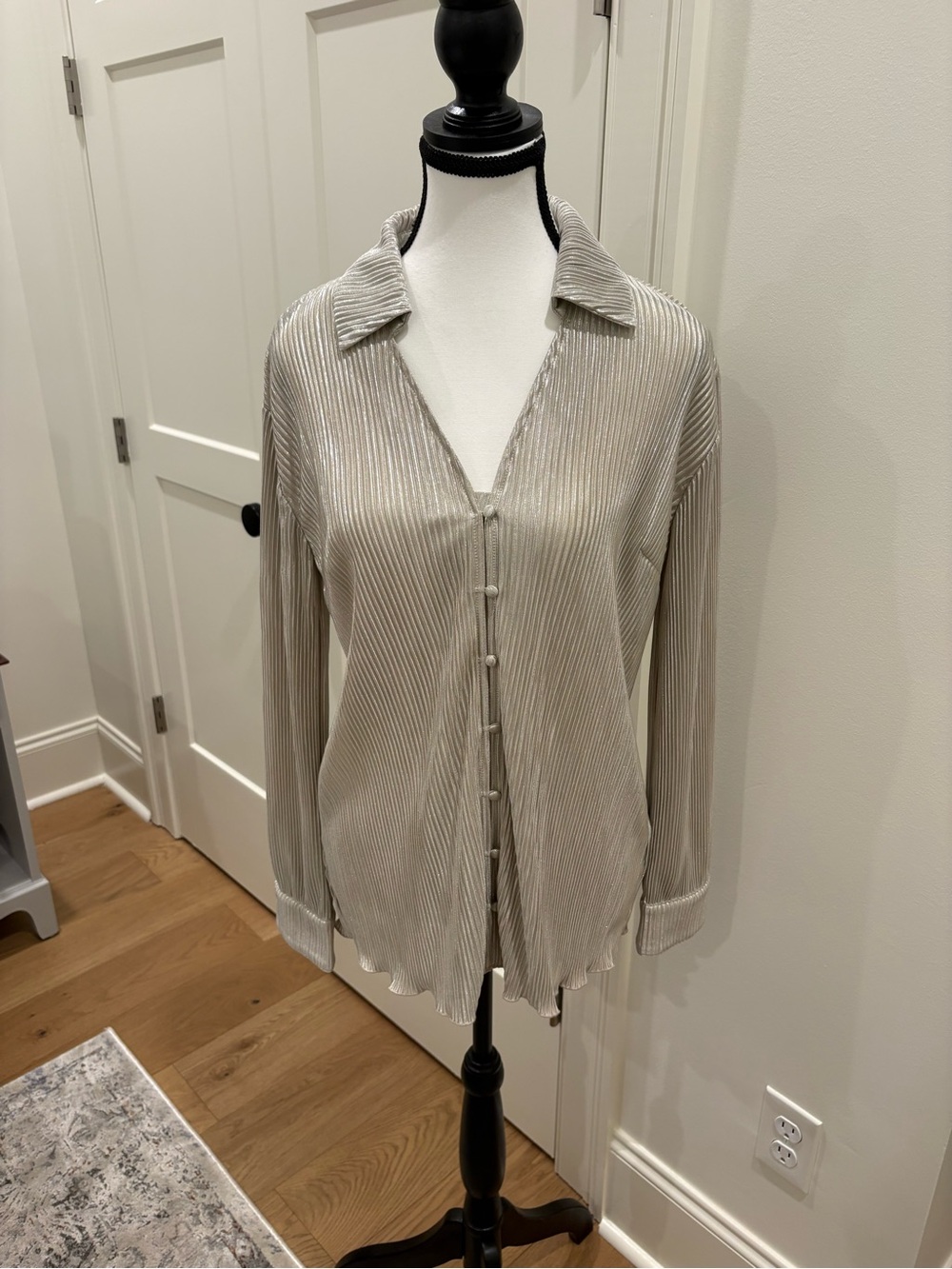 Vici Metallic Silver Pleated Button-Down Shirt